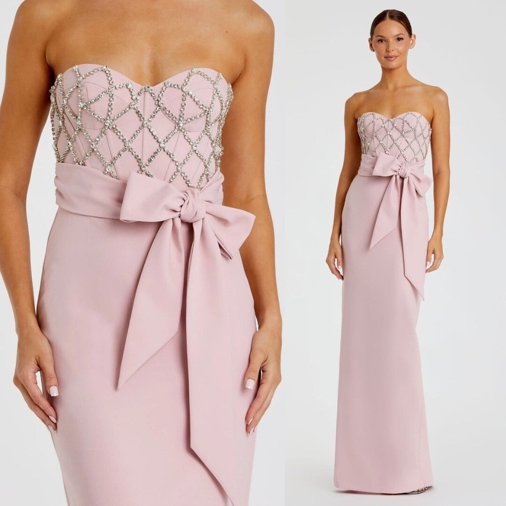 Mac Duggal NEW Pink Embellished Strapless Bustier With Bow Crepe Gown -‎ Size 4